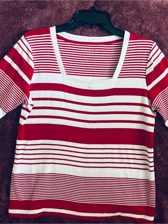 croft & barrow Tops - Burton Red and White Striped Square-Neck Short Sleeve Top